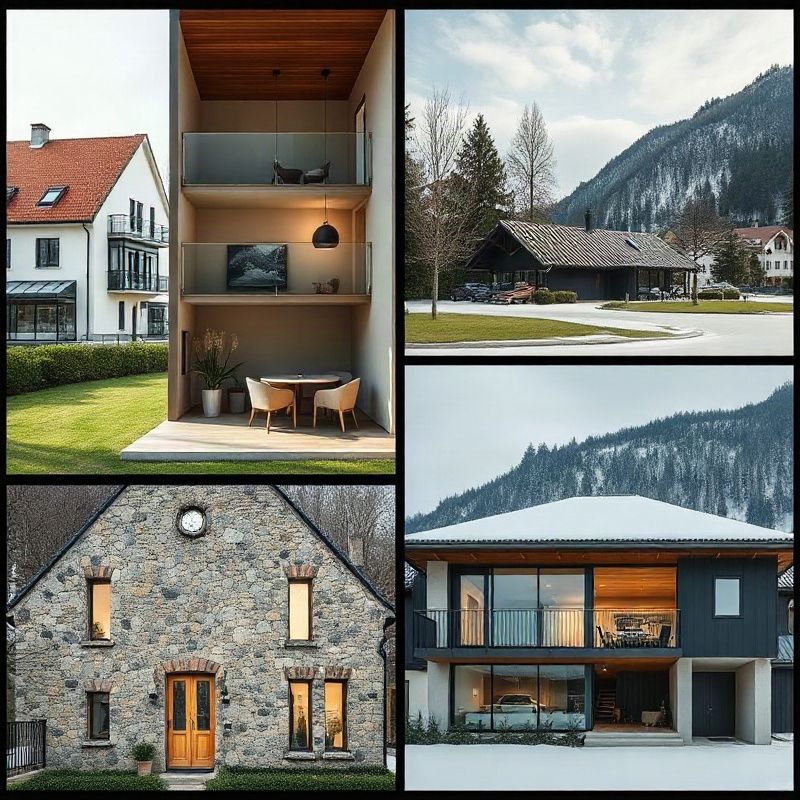 Kolaž treh vrst slovenskih nepremičnin: stanovanje, vila in poslovni prostor