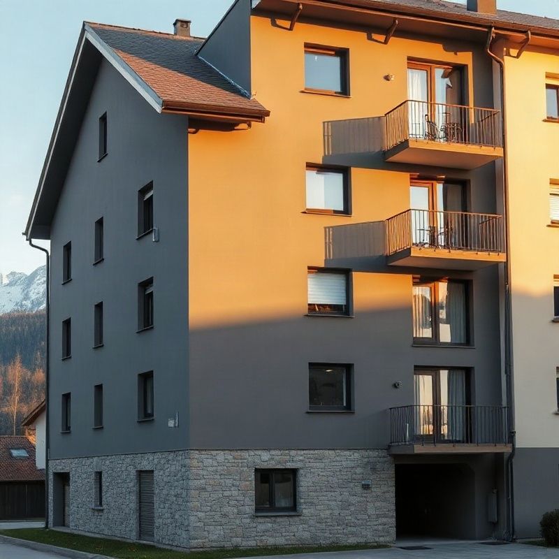 Sodobna stanovanjska stavba v Kranju v jutranji svetlobi z alpskim ozadjem